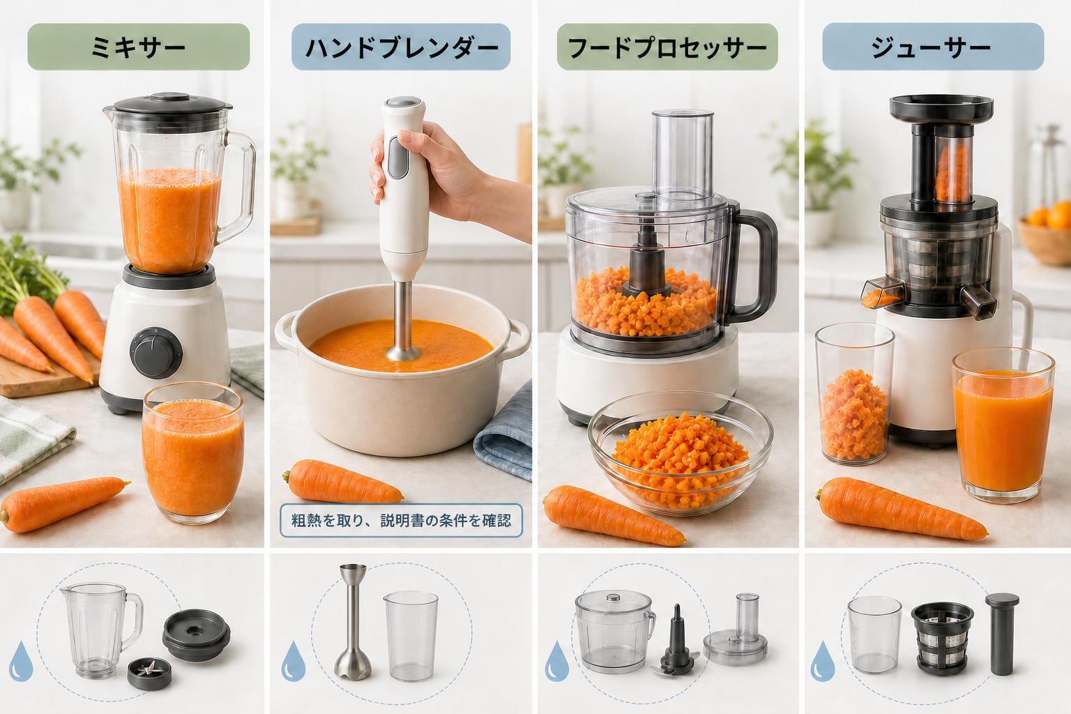同じにんじんを四種類の調理器具で加工した完成形の違い