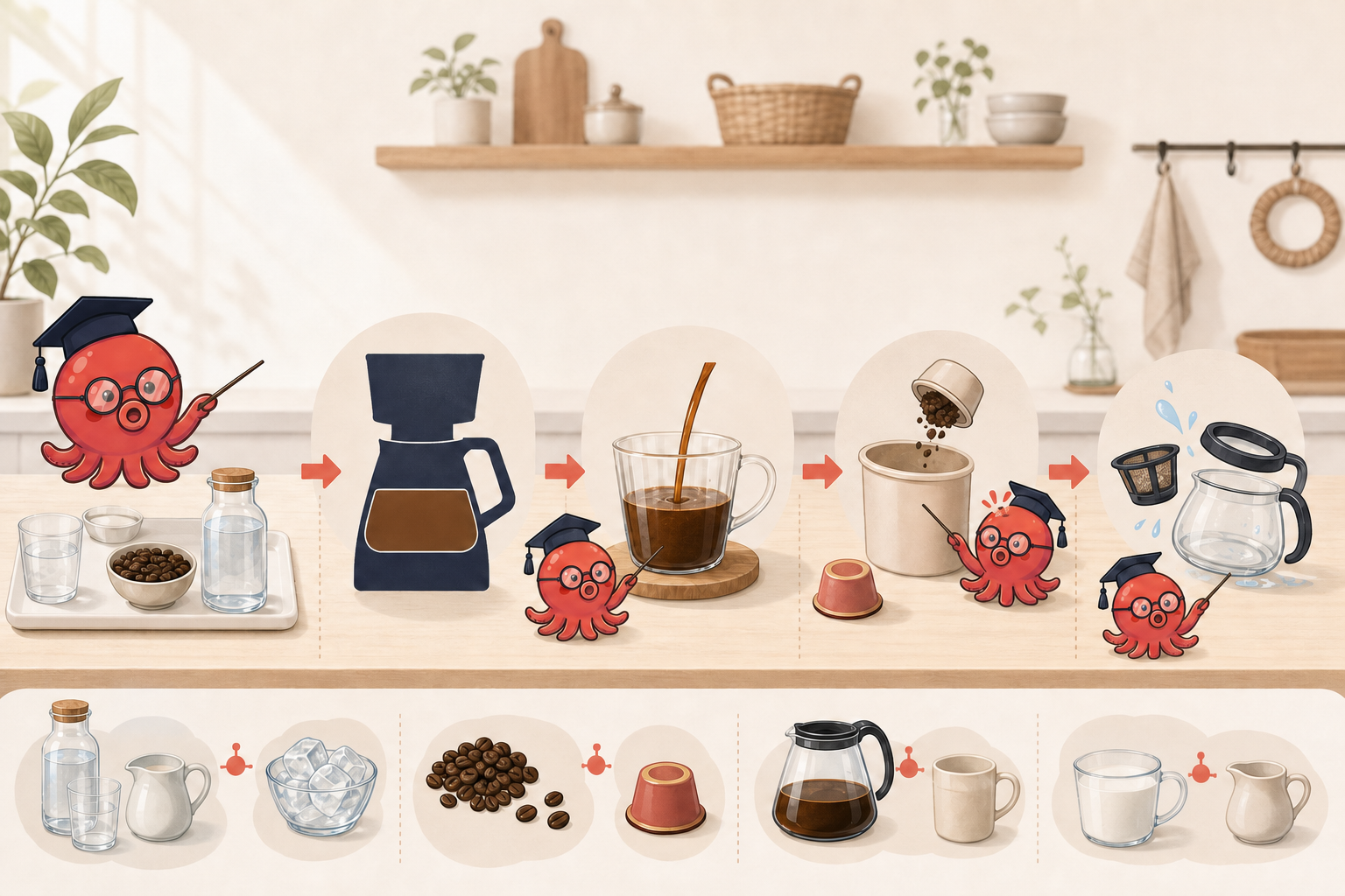 準備、抽出、廃棄、洗浄までの朝のコーヒー工程