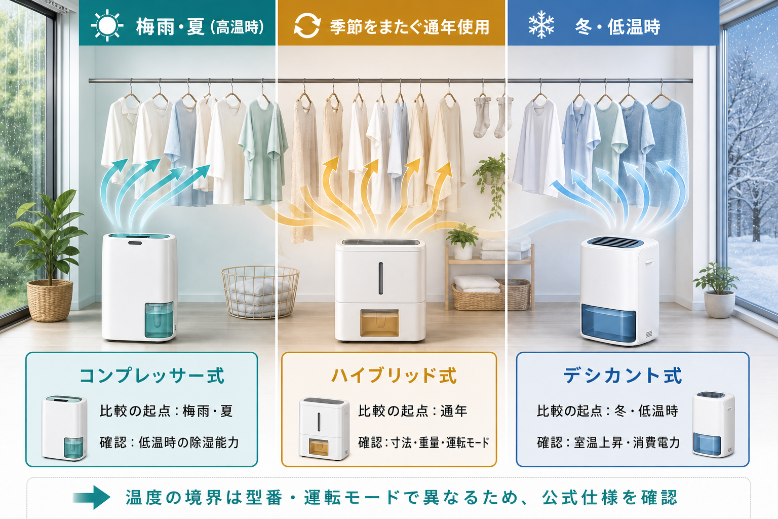 梅雨・夏、通年、冬・低温時という利用条件から除湿方式を比較する図