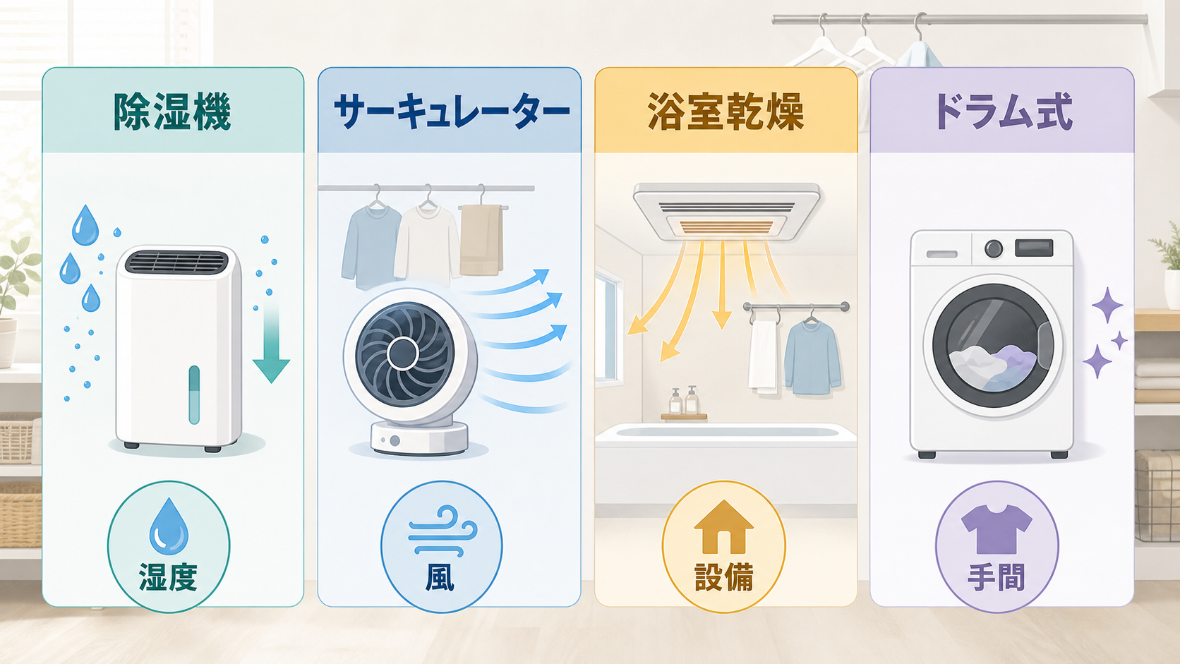除湿機、サーキュレーター、浴室乾燥、ドラム式の使い分けを示す説明画像