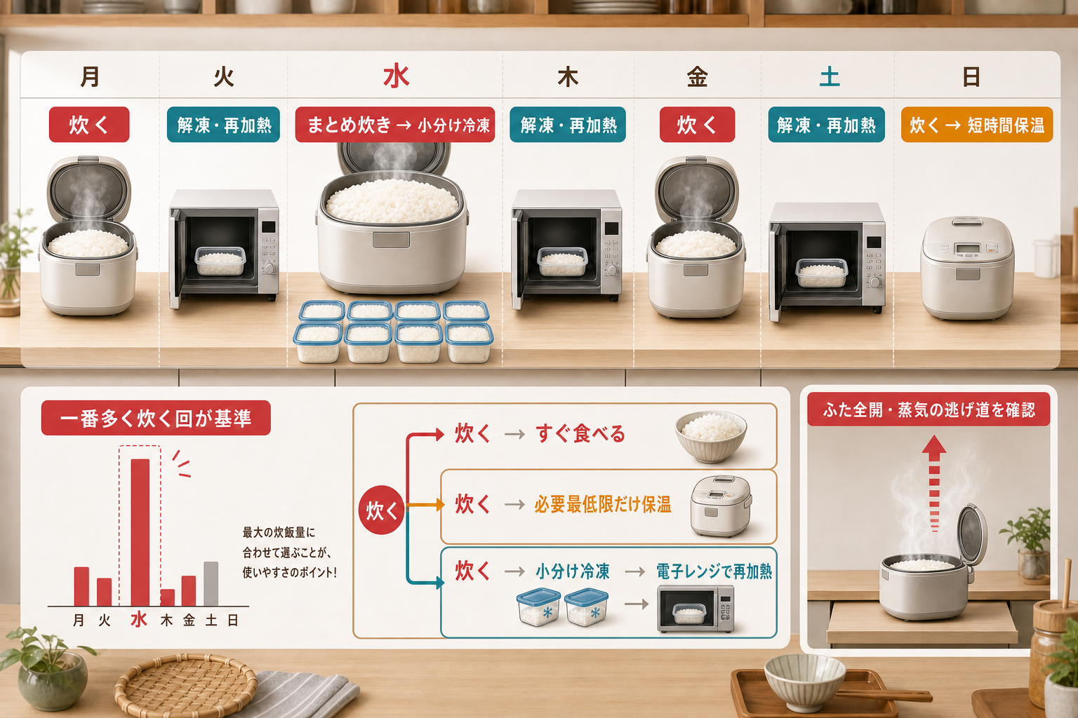 一週間で最も多く炊く回と、すぐ食べる・短時間保温・小分け冷凍の分岐を示す図