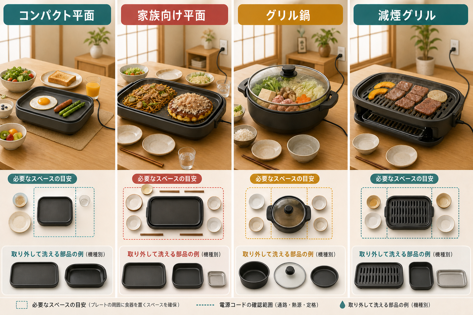 同じ食卓で平面ホットプレート、グリル鍋、減煙グリルを使う配置の違い