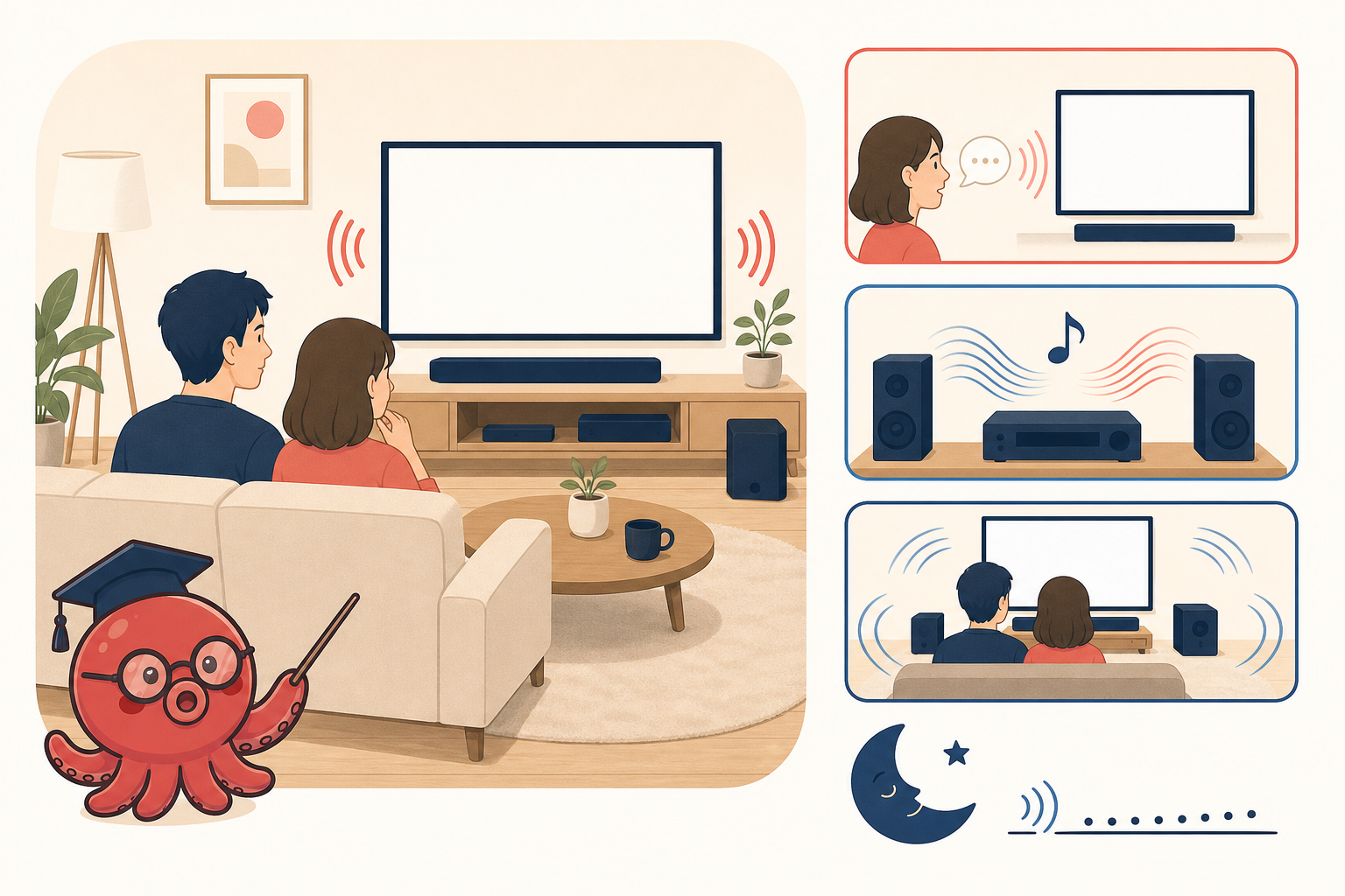 セリフ、音楽、映画、夜間の聞き方を分ける様子