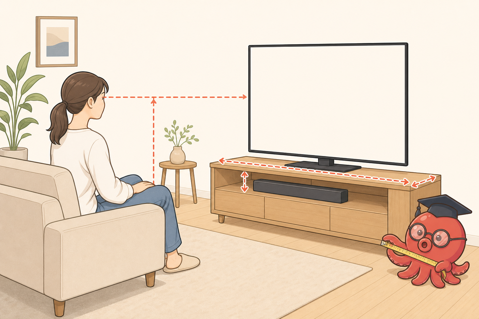 目の位置から画面までとテレビ台を測る様子