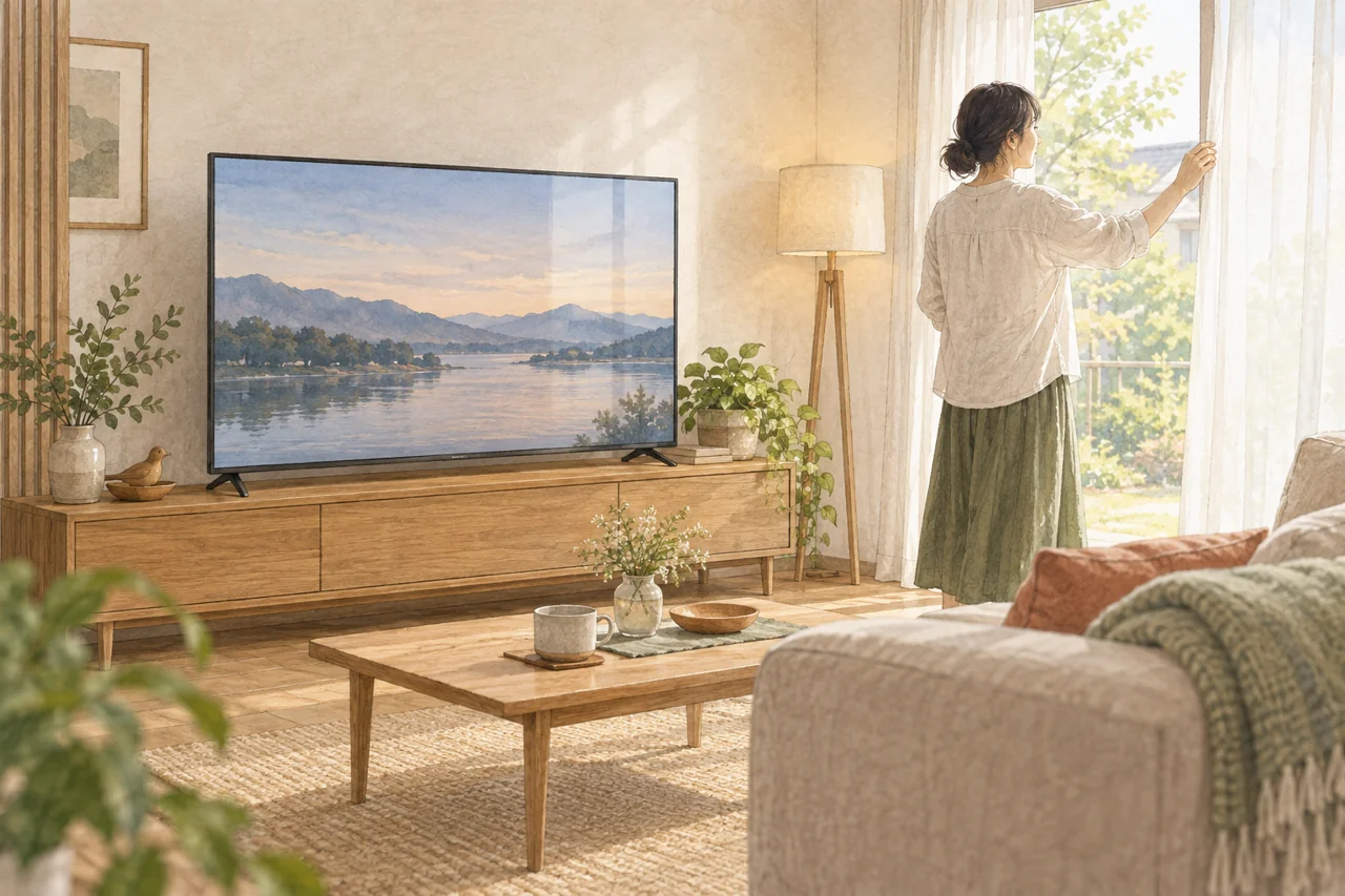 窓とカーテンのある明るいリビングでテレビを見るイメージ